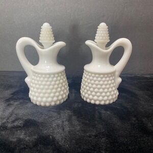 VTG Westmoreland Milk Glass Diamond Point English Hobnail Oil/Vinegar Cruet
